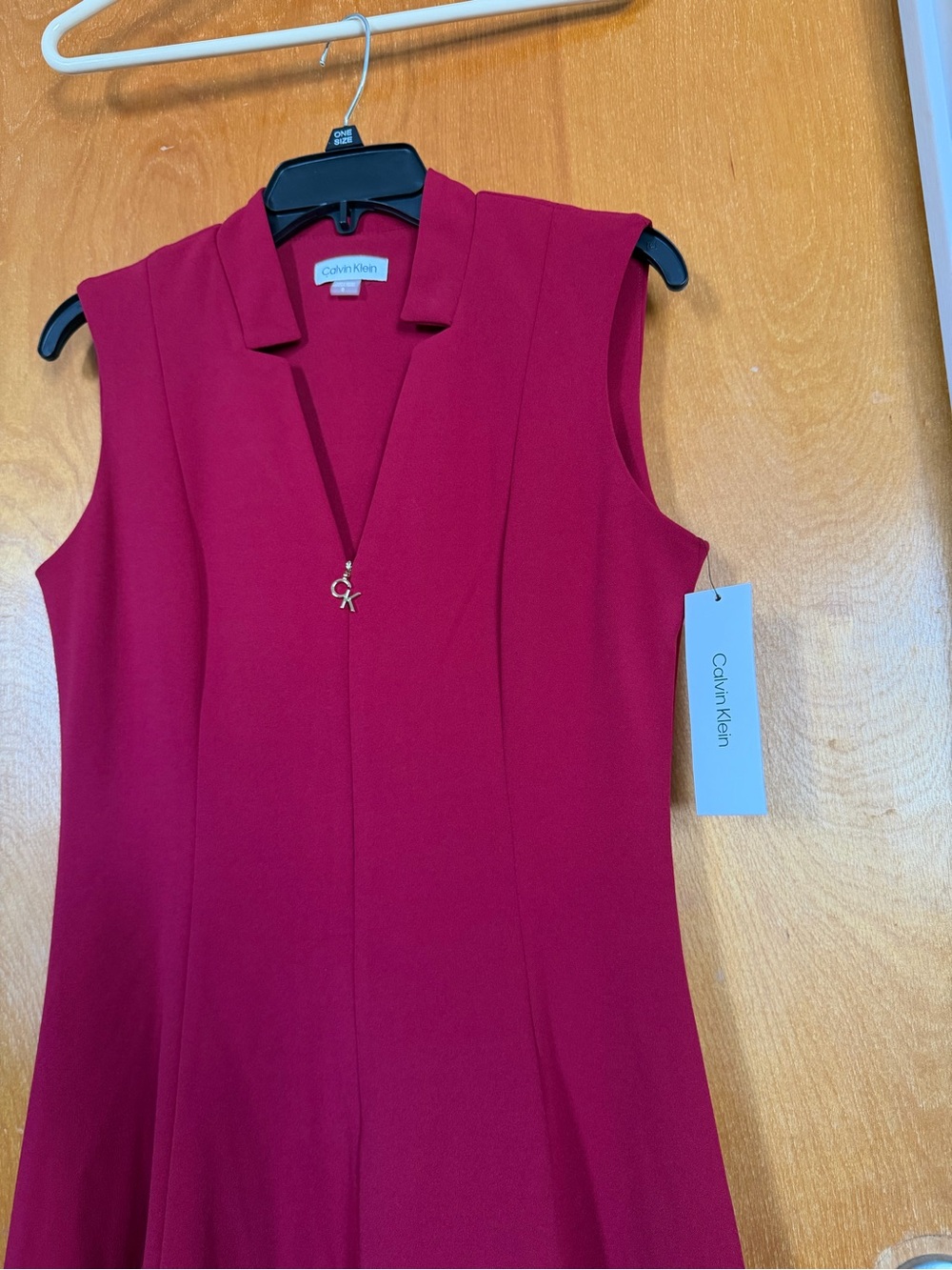Calvin Klein Sleeveless Fit-and-Flare Dress in Berry Red - Picture 3 of 8
